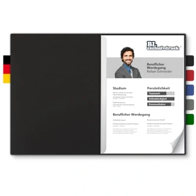 Abbildung von 5 Stück zweiteilige Bewerbungsmappen BL exclusivdruck® in Schwarz Premium Qualität mit edler Relief Prägung &#039;Bewerbung&#039; Produkt Design von &#039;Mario Lemani&#039;