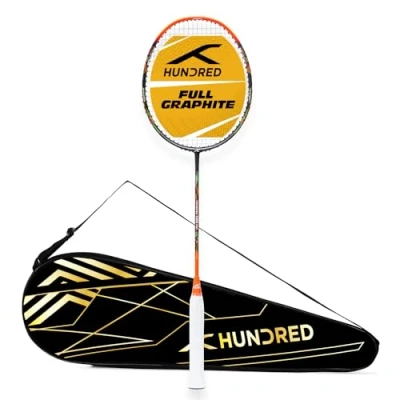 Abbildung von HUNDRED Powertek 1000 PRO Graphite Strung Badminton Racket with Full Cover (Black/Orange) for Intermediate Players 95 Grams Maximum String Tension 26lbs