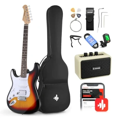 Abbildung von Donner E Gitarre Set Gitarren Linkshänder, S H Pickups, Volle Größe 39 Zoll für Anfänger mit Verstärker, Tasche, Capo, Gurt, Saiten, Tuner, Kabel und Plentren (Sunburst, Linkshänder)