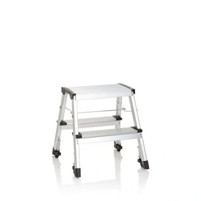 Abbildung von hjh OFFICE 830024 Trittleiter mit Rollen SOLID VI Aluminium Klapptritt 2 Stufen beidseitig begehbar, bis 150kg belastbar
