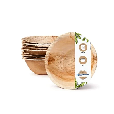 Abbildung von GREENBOX Palmware umweltfreundliches Einweggeschirr aus Palmblättern I 25 Stück Palmblatt Schale rund 275ml Ø13,5cm Salat Schüssel Dipschalen Suppenschale Servierschale Snackschale, Braun