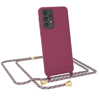 Abbildung von EAZY CASE Necklace Silicon kompatibel mit Samsung Galaxy A33 5G Slim Microfiber, Phone Case, Abnehmbare Handykordelabnehmbar Beere Schulterriemen in Rot Camouflage Clips Gold