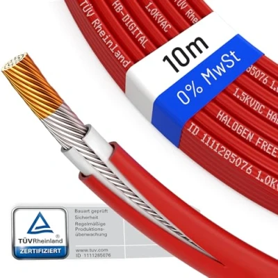 Abbildung von HB DIGITAL 10m Solarkabel H1Z2Z2 K TÜV Rheinland zertifiziertes 6mm² flexibel UV PV Kabel reines Kupfer 1500V DC für Solarpanel inkl. 0% MwSt. gem. § 12 Abs. 3 UStG Rot