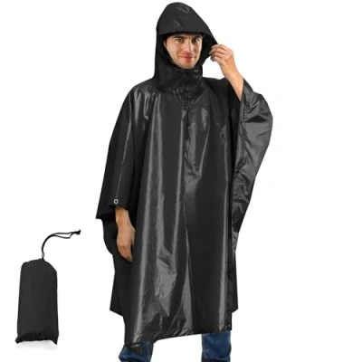 Abbildung von Regenponcho Wasserdicht Regencape mit Kapuze Multifunktionales Regenmantel Wiederverwendbar Regenkleidung Faltbare Ripstop Damen Herren für Wandern Camping Angeln Täglichen Gebrauch Schwarz Dunkel