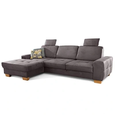 Abbildung von Cavadore Ecksofa Puccino mit Federkern, verstellbarer Sitztiefe und 2 Kopfstützen / Sofa in L Form im Landhaus Design 281 x 86 178 cm Mikrofaser grau