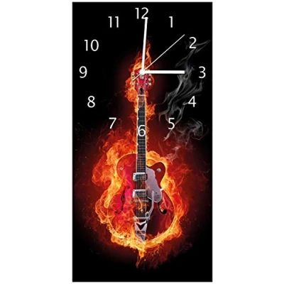Abbildung von Wallario Design Wanduhr, Acrylglasuhr Größe 30 x 60 cm, weiße Zeiger, Motiv Brennende Gitarre