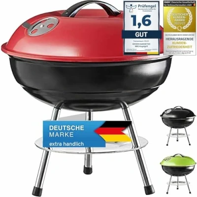 Abbildung von Micro BBQ Campinggrill Kugelgrill Mini Grill; Kompakter Reise Holzkohle Grill Tischgrill Edelstahl emailliert 38cm (Rot)