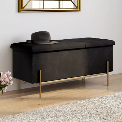 Abbildung von IDMarket Bank Truhe Louis mit Füßen aus vergoldetem Metall, 100 cm, Samt, Schwarz
