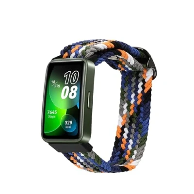 Abbildung von kwmobile Armband kompatibel mit Huawei Band 9 / 8 Nylon Fitnesstracker Sportarmband in Blau Gelb Weiß Innenmaße von 14 22 cm