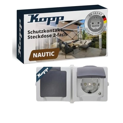 Abbildung von Kopp Nautic 2 fach Schutzkontakt Steckdose mit Klappdeckel und erhöhtem Berührungsschutz, Aufputz Feuchtraum, waagrecht, 16A, 250V/AC, IP44, grau, 137056002
