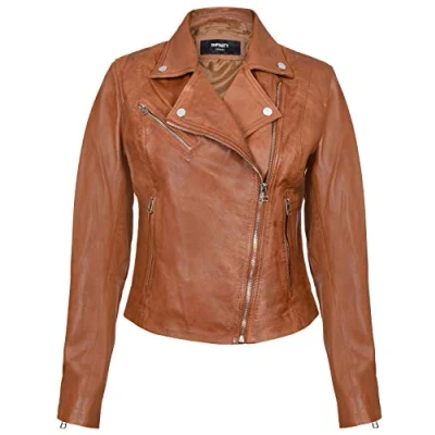 Abbildung von Infinity Leather Damen Bräunen Echtes Leder Ausgestattet Motorradfahrer Reißverschluss Mode Jacke L