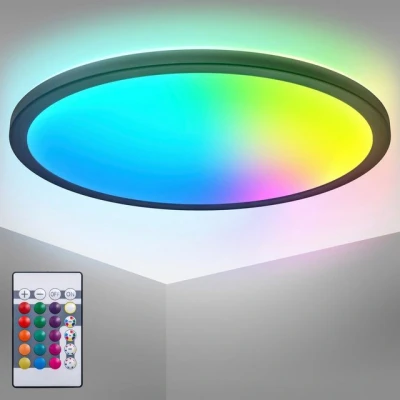 Abbildung von B.K.Licht LED Deckenlampe mit indirektem Licht, Fernbedienung, buntes RGB+W Panel, Deckenleuchte, Lampe, Wohnzimmerlampe, Schlafzimmerlampe, Küchenlampe, 42x3 cm, Schwarz
