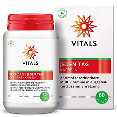 Abbildung von Vitals Jeden Tag Multi 60 Kapseln. Optimal resorbierbare Multivitamine in ausgefeilter Zusammensetzung. Vegan Multivitamine. Leichter zu schlucken als Tabletten.