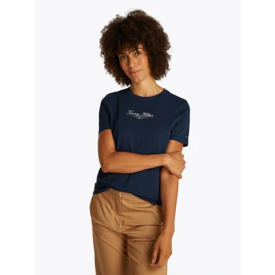 Abbildung von Tommy Hilfiger Script TEE Tshirt print, Damen, Größe: Large, Dark night navy