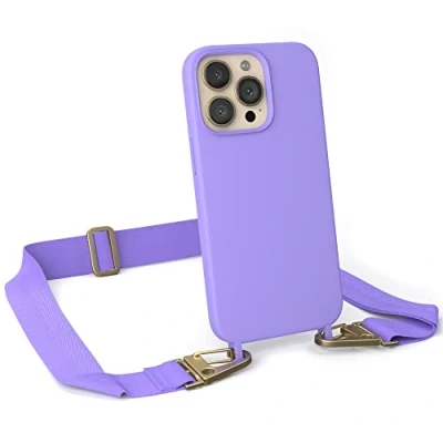 Abbildung von EAZY CASE Handykette Silikon mit Karabiner kompatibel iPhone 13 Pro Handyhülle breitem Umhängeband, Handykordel Silikon, Hülle Band, für Smartphone, Lavendel Lila Clips Gold