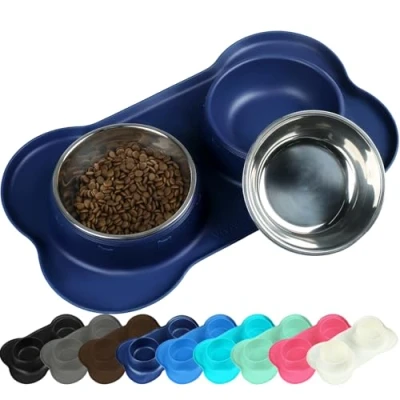 Abbildung von VIVAGLORY Hundenapf Fressnapf Lebensmittel Wassernapf Edelstahl Doppel Napf mit Nicht Kleckern Rutschfesten Silikon Tablett Matte, Navy blau, Mittel