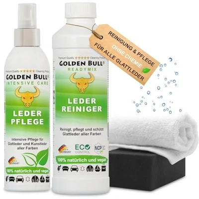 Abbildung von Golden Bull® Lederreiniger &amp; Lederpflege für Ledercouch Set intensiv [STARK VEGAN OHNE CHEMIE] Leder Reiniger 500ml, Pflegemittel 250ml, Schwamm, Tuch optimale Reinigung Pflege von Auto Sofa