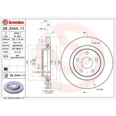 Abbildung von BREMBO 09.D444.11 Bremsscheibe 332 28 5 innenbelüftet beschichtet hochgekohlt JEEP: Wrangler 3, IV