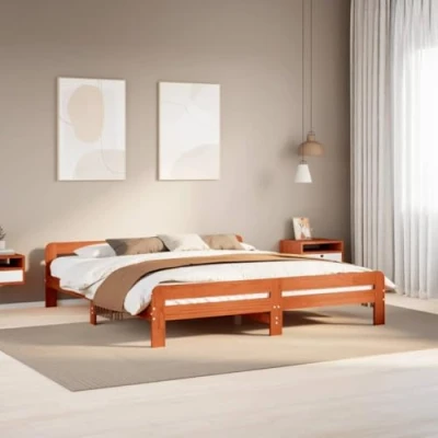 Abbildung von vidaXL Massivholzbett, Holzbett mit Kopfteil Fußteil Lattenrost, Doppelbett für Schlafzimmer, Bett Bettgestell, Wachsbraun 180x200cm Kiefernholz