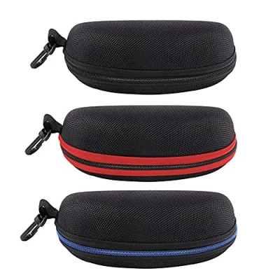 Abbildung von EKdirect 3 Stück Sonnenbrille Brillenetui Reißverschluss Hartschale mit Gürtelclip (Schwarz Rot Blau)