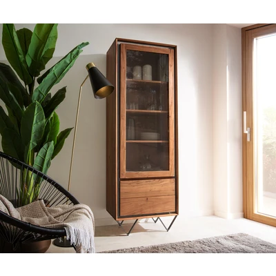 Abbildung von Vitrine Stonegrace 55x180 cm Akazie Braun Steinfurnier 1 Tür 2 Schubladen V Fuß Schwarz