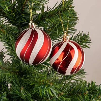 Abbildung von 10 cm/3 Stück Weihnachtskugeln, bruchsicher, rot weiß, Süßigkeitenstreifen, Weihnachtsbaumschmuck, Kugel, Ornamente, Kugeln, Weihnachtsdekoration, Urlaubsdekoration, glänzend, matt, glitzernd