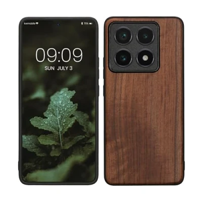 Abbildung von kwmobile Hülle kompatibel mit Xiaomi 14T Pro Holz Case stoßfestes Handy Cover TPU Handyhülle in Dunkelbraun