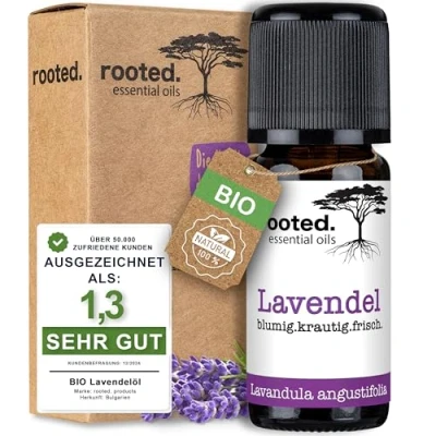 Abbildung von rooted.® BIO Lavendelöl 10ml [100% NATURREIN] Echter Lavendel Lavandula angustifolia Ätherisches Öl für Aromatherapie, Duftlampe, Diffusoren, Raumduft, Duftkerzen und Seifen