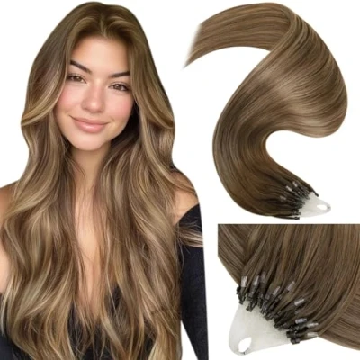 Abbildung von LaaVoo Microring Extensions Echthaar Balayage Braun Mit Hellbraun Ombre Goldblond Micro Loop Unsichtbar #8/16/8 50g 1g/s 45cm