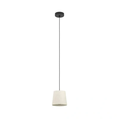 Abbildung von EGLO Hängelampe Febres, Pendelleuchte über Esstisch, Esszimmerlampe aus Bouclé Stoff, Metall in Schwarz und Textil Weiß, E27 Fassung, Ø 35 cm