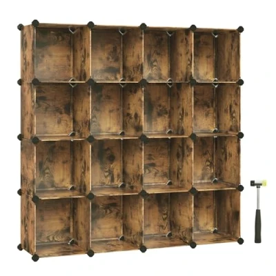 Abbildung von SONGMICS Schuhregal, Regalsystem, Steckregal, Set aus 16 Würfeln, DIY Regal, stapelbar, PP Kunststoff, als Garderobe, für Schlafzimmer, Büro, 31 x 123 cm, vintagebraun LPC442A01