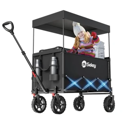 Abbildung von Sekey Bollerwagen XXL Faltbar Handwagen mit Dach S 4018 150L 150KG, Bremsen und Sonnenschutz für Ausflug Strand Camping