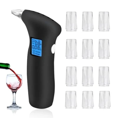 Abbildung von Peppy Tragbarer Alkoholtester zertifiziert mit LCD Display, professioneller Alkoholtest 12 Mundstücken, ideal für Alkoholtests