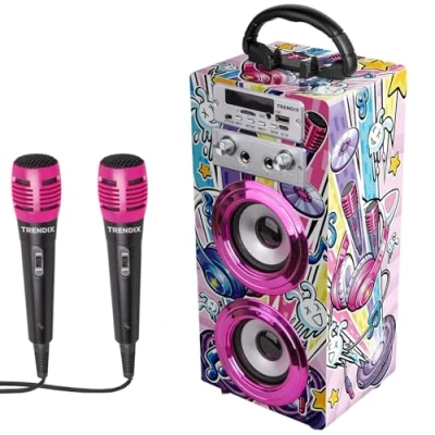 Abbildung von TRENDIX Karaoke Maschine Kinder Rosa Anlage mit 2 Mikrofonen, Radio FM, USB, Bluetooth und SD Musikbox Mikrofon