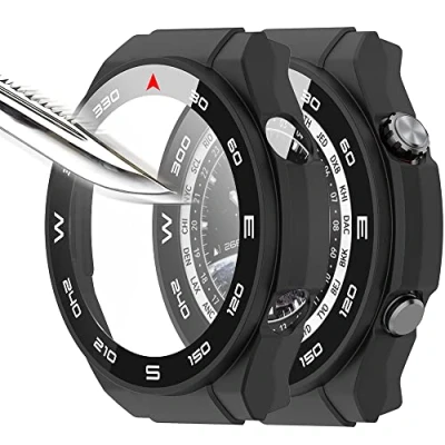 Abbildung von Msiall Mit Gehärtetes Glas Displayschutz Schutzhülle Kompatibel für Huawei Watch Ultimate,Hard PC Rundum Ultradünne Blasenfreie Gegen Kratzer Schwarz [2 Stück]