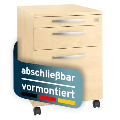 Abbildung von Rollcontainer mit Schubladen, abschließbar &amp; vormontiert aus Stahl Dreischichtplatten Metall Griffen,Schreibtisch Schrank Hängeregisterauszug,Büro Unterschrank,Schubladenschrank Ahorn