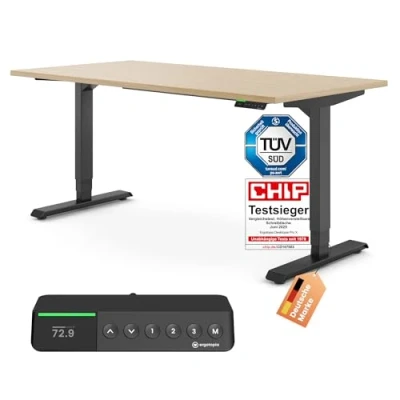 Abbildung von Ergotopia® Desktopia Pro x Elektrisch höhenverstellbarer Schreibtisch 7 Jahre Garantie Ergonomischer Stehtisch mit 9 Speicherplätzen (Ahorn, Gestell Schwarz, 120 80 cm)