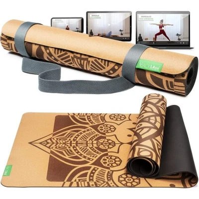 Abbildung von BACKLAxx® Yogamatte Kork mit Naturkautschuk (Kork, 2teilig GRATIS Videokurs), 4 mm stark, aus natürlichen Rohstoffen, Antirutschzonen