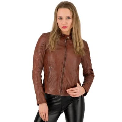 Abbildung von URBAN 5884 Damen Lederjacke, GIGI, Weich und eng Anliegend, Handgearbeitet, Cognac, S