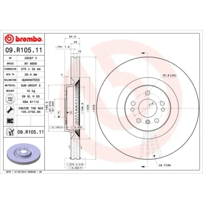 Abbildung von BREMBO COATED DISC LINE 09.R105.11 Bremsscheibe 375 32 5 innenbelüftet beschichtet hochgekohlt mit Schrauben MERCEDES BENZ: GL, R Klasse, ML Klasse