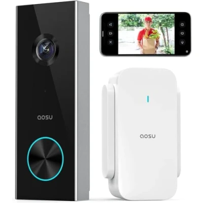 Abbildung von AOSU Türklingel mit Kamera 2K Video Türklingel, Verschlüsselte Speicherung, K.I. Personenerkennung AI, Gebührenfrei, batteriebetrieben, Arbeit Alexa, Mühelose Installation