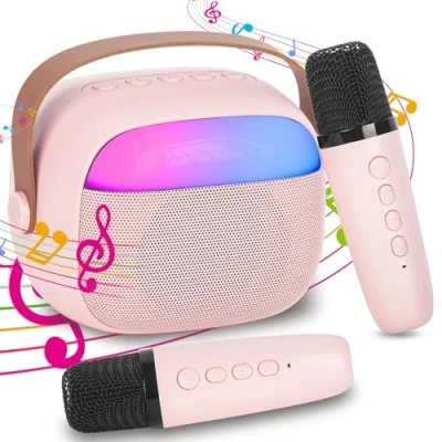 Abbildung von Karaoke Maschine Kinder mit 2 Drahtlosen Mikrofonen, Tragbares Bluetooth KTV Anlage, Lautsprecher Stimme wechselnde Effekte &amp; LED Lichter Jungen Mädchen Geschenke Heimparty