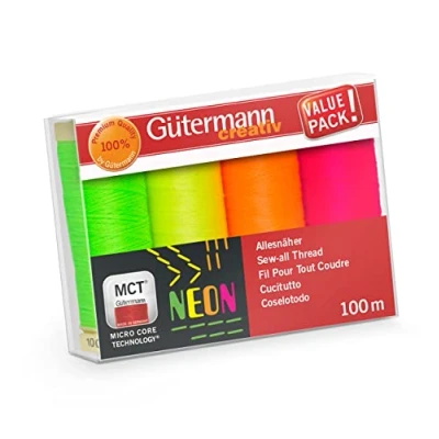 Abbildung von Gütermann creativ Nähfaden Set NEON mit 4 Spulen Allesnäher 100 m in verschiedenen Farben