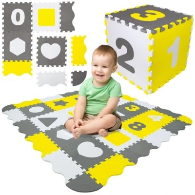 Abbildung von Humbi Puzzlematte Eva Schaumstoff für Babys und Kinder Spielmatte Fitnessmatte Schutzmatte Poolmatte 31,5 x 1 cm 34 Teile Formen Farbe Grau,weiß,gelb
