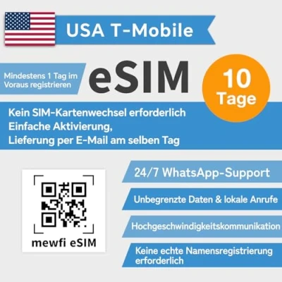 Abbildung von USA eSIM T Mobile 10 Tage, Aktivierung erforderlich, SIM Karte für kompatible freigeschaltete Geräte, unbegrenzte Daten und Ortsgespräche, 4G/5G Hochgeschwindigkeits Kommunikationsnetz