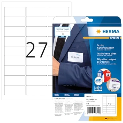 Abbildung von HERMA 4511 Namensetiketten ablösbar, 640 Blatt, 63,5 x 29,6 mm, 27 pro A4 Bogen, 17280 Stück, selbstklebend, bedruckbar, rückstandsfrei abziehbare Acetatseide Namensaufkleber Etiketten, weiß