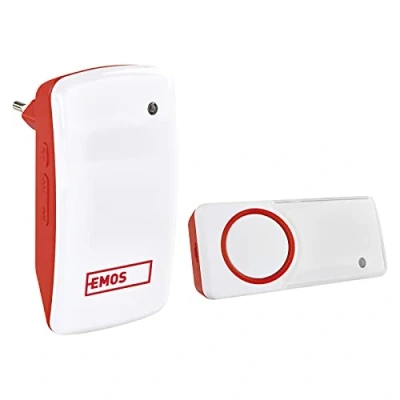 Abbildung von EMOS P5750 Batterielose Türklingel, Funkklingel Set mit 150 m Reichweite und 10 Melodien, 5 Stufen Lautstärke bis 110 dB/Visuelle Anzeige/Self Learning Paarung/Farbe, 230 V, Rot/Weiß