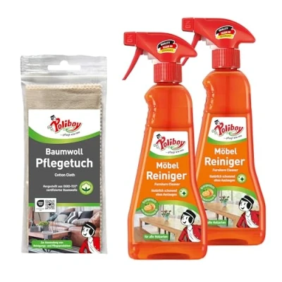 Abbildung von poliboy 2x375ml + Baumwoll Pflegetuch Möbelreiniger (schnelle und einfache Reinigung Pflege Made in Germany)