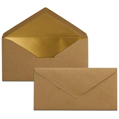 Abbildung von 50 Brief Umschläge DIN Lang Vintage mit Gold Metallic Innen Futter 110 x 220 mm Nassklebung festliche Kuverts für Einladungen