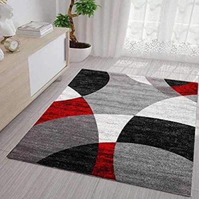 Abbildung von VIMODA Teppich Geometrische Kreismuster Meliert in Grau Weiß Schwarz und Rot, Maße:60x110 cm